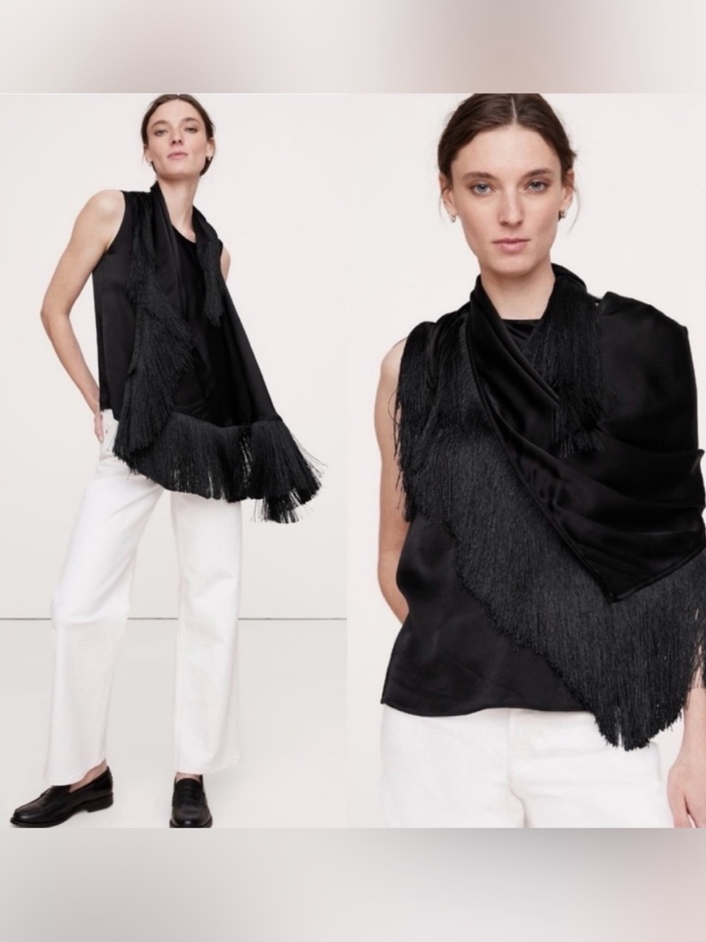 NWT banana republic fringe black silky top fringe